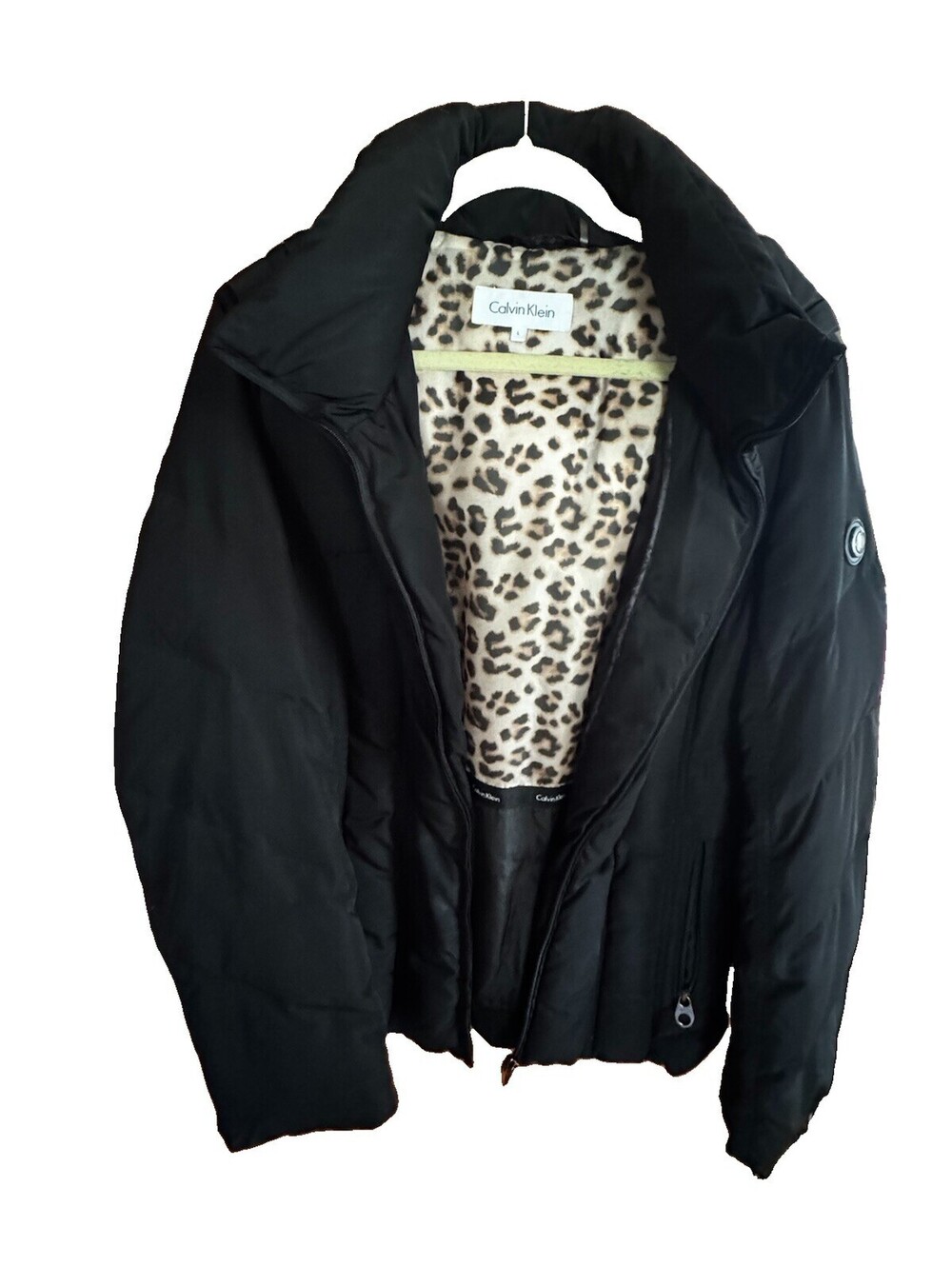 Calvin Klein Womens L Black Down Puffer Jacket Hood Leopard Lined Winter